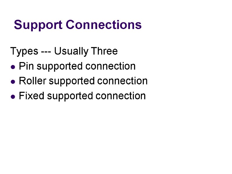 Support Connections Types --- Usually Three  Pin supported connection Roller supported connection Fixed